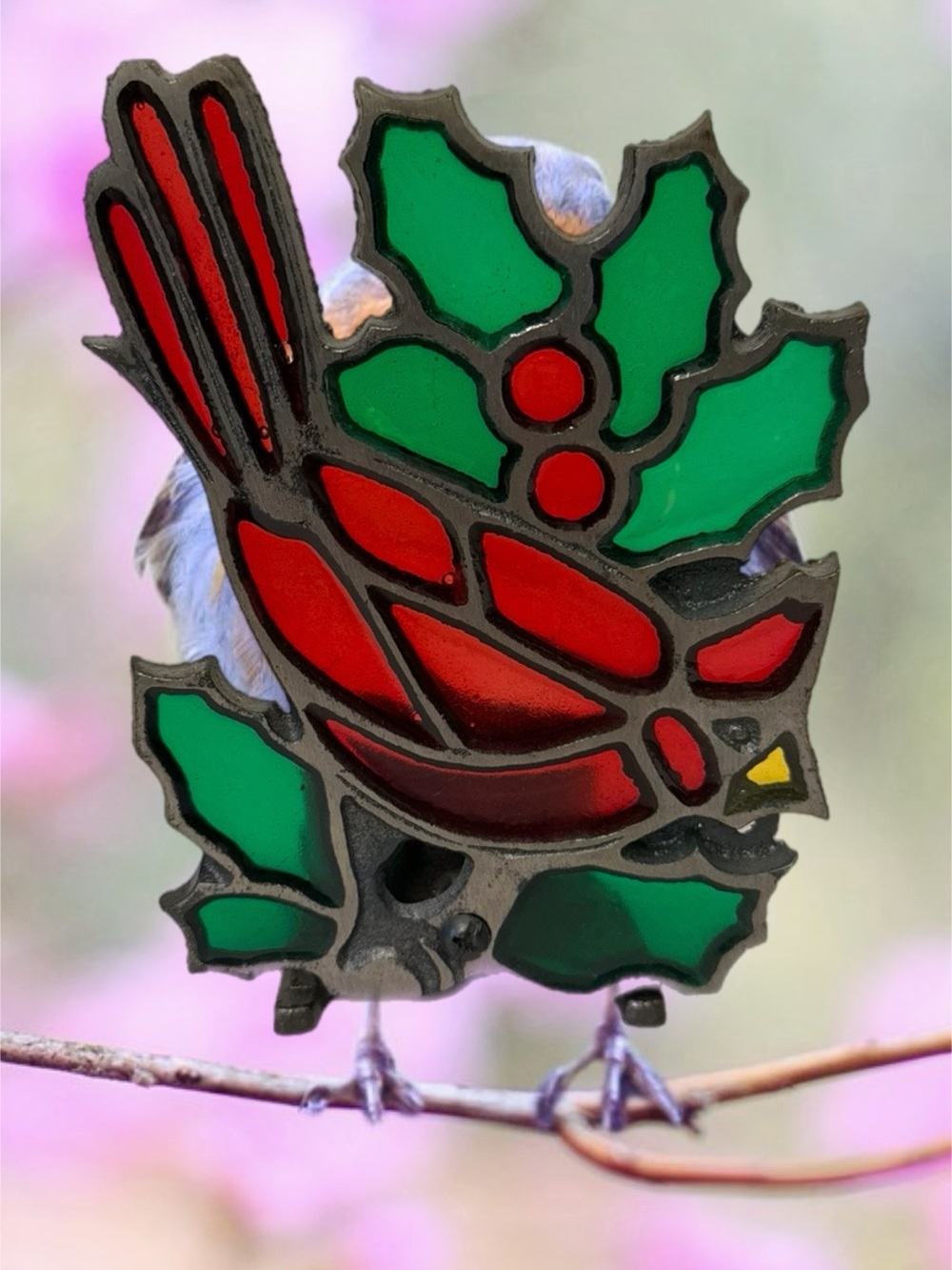 Holiday Cardinal Stained Glass candle votive holder  - Red and Green